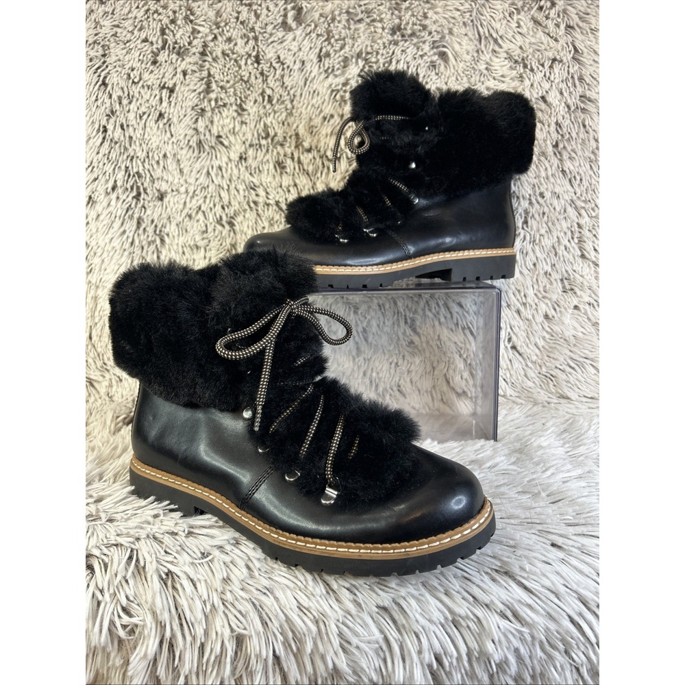 INC Women's Leather Pravale Faux Fur Lining Lace-Up Winter‎ Boots Black Size 10